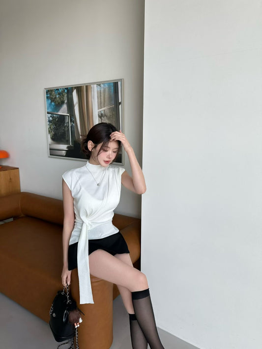 MS60335 Draped waist tie sleeveless top