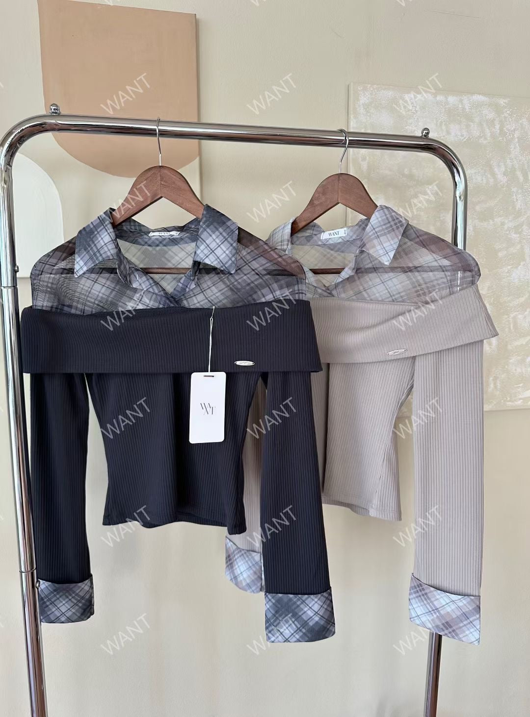 MS50844 Lattice collar mix knit top