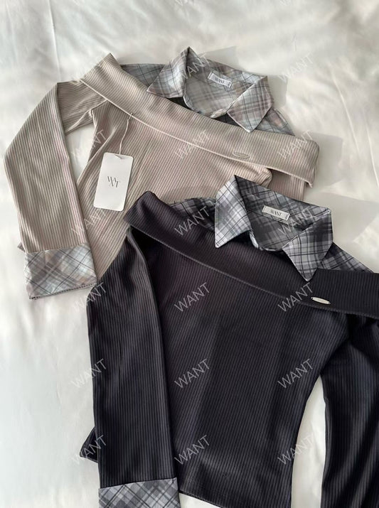 MS50844 Lattice collar mix knit top