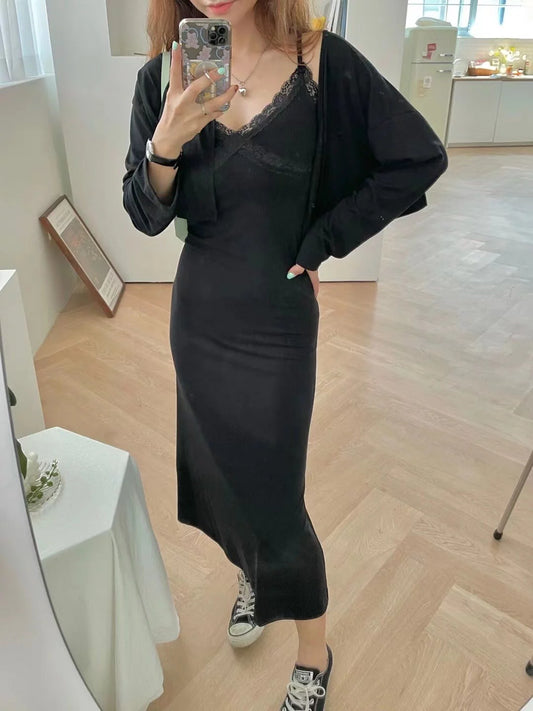 Lace trim dress with outer