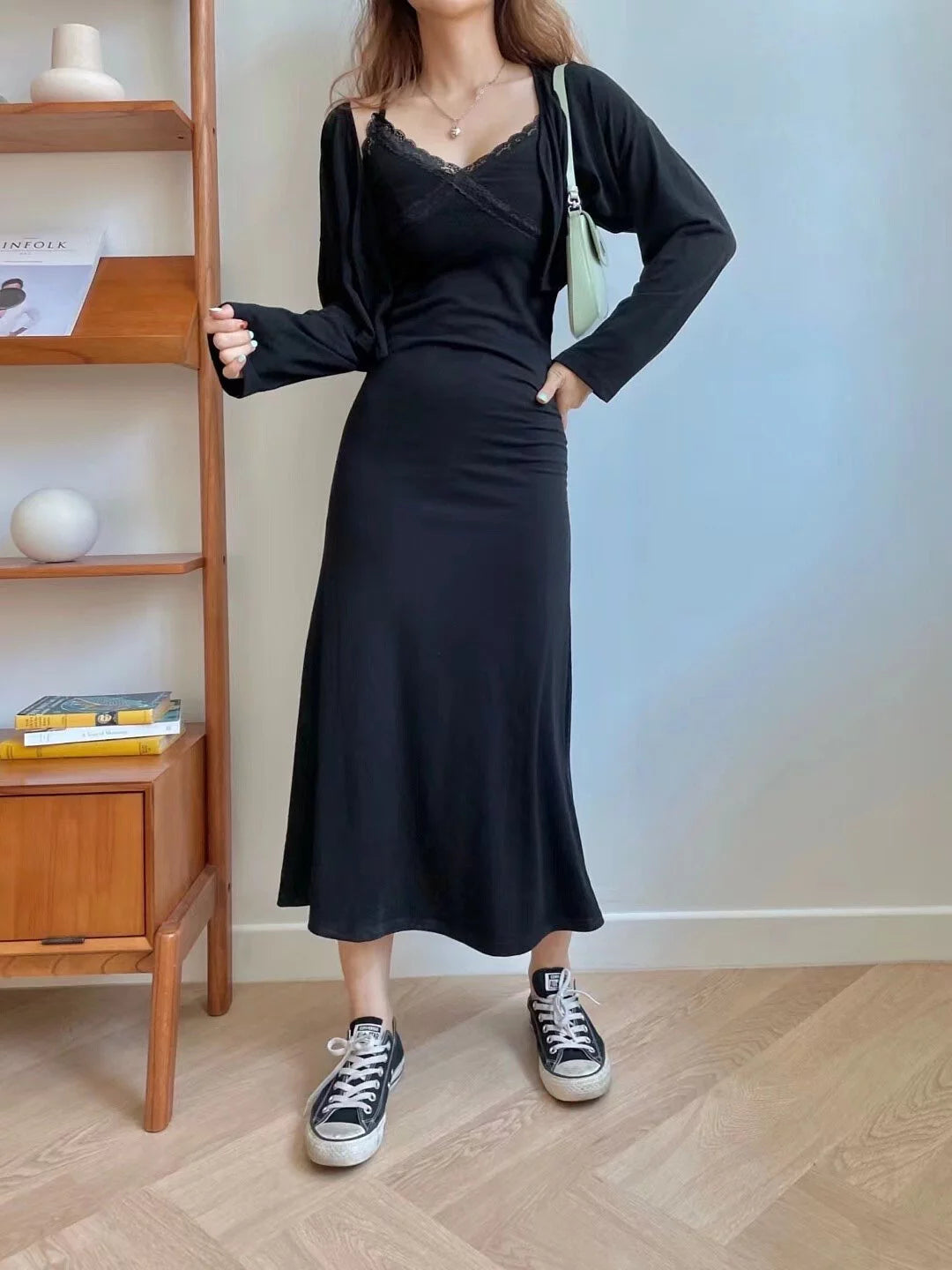 Lace trim dress with outer