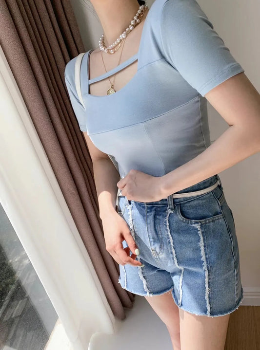 Slit crop tee blue