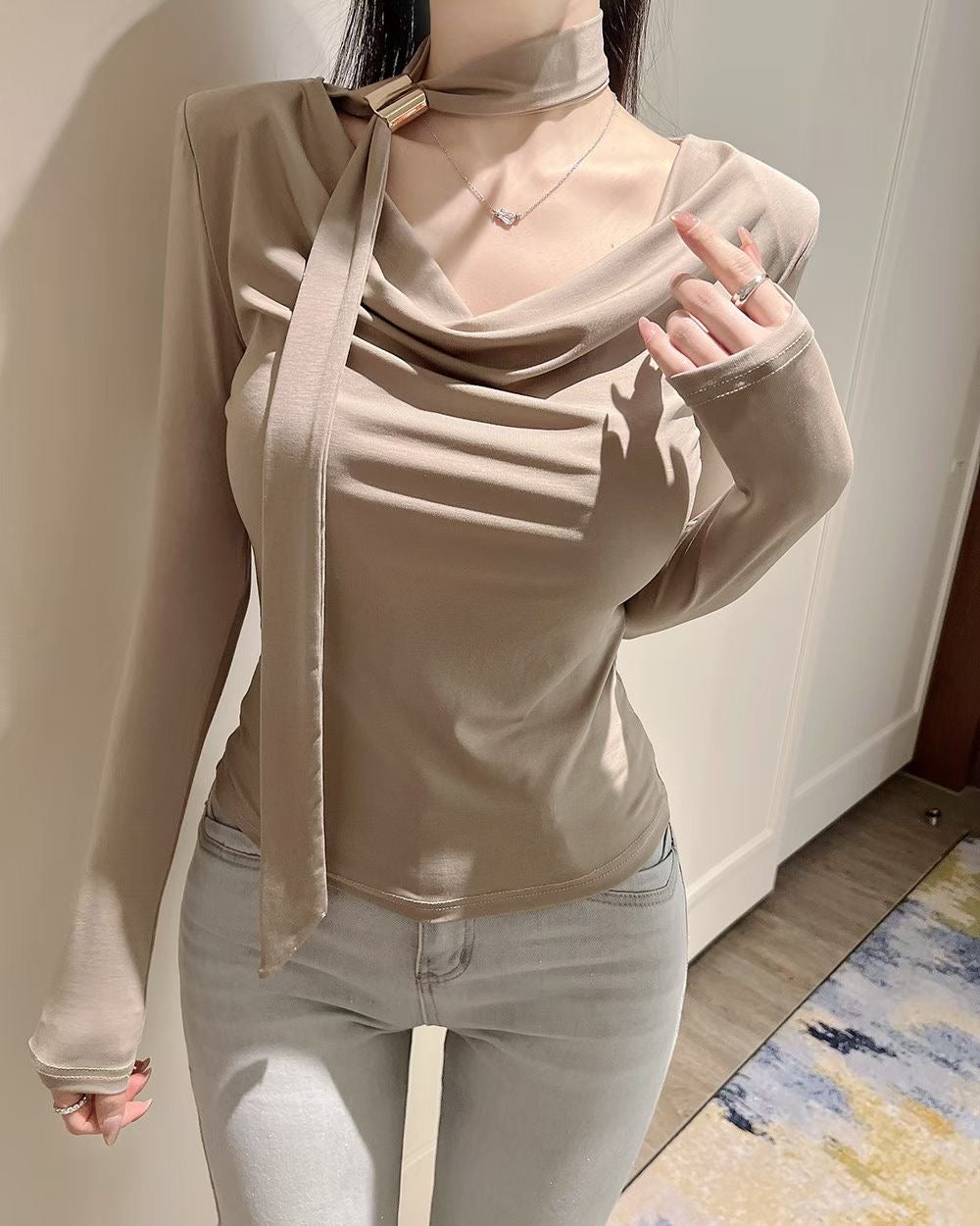 MS60308 Asymmetric drape knit top