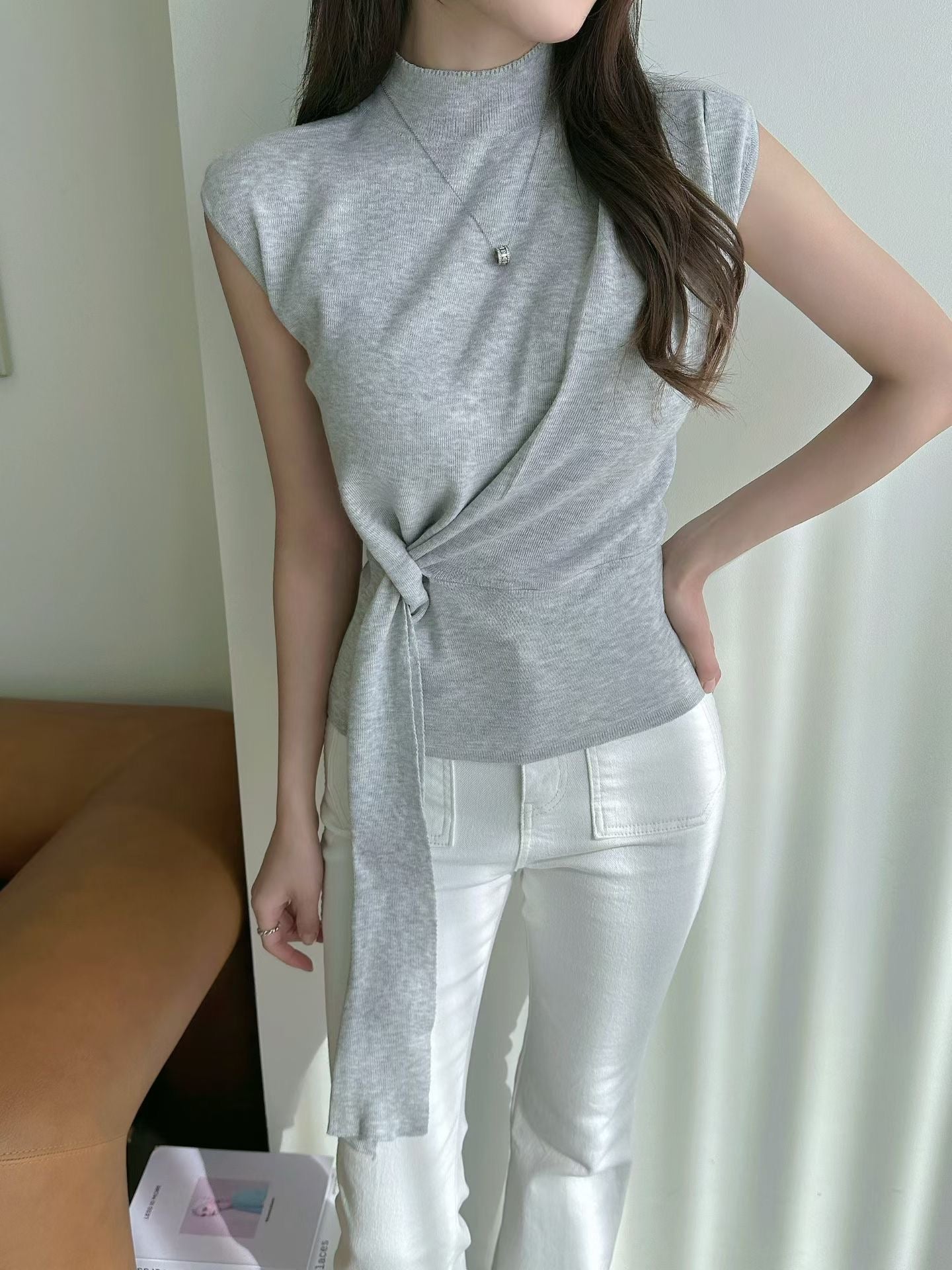 MS60335 Draped waist tie sleeveless top