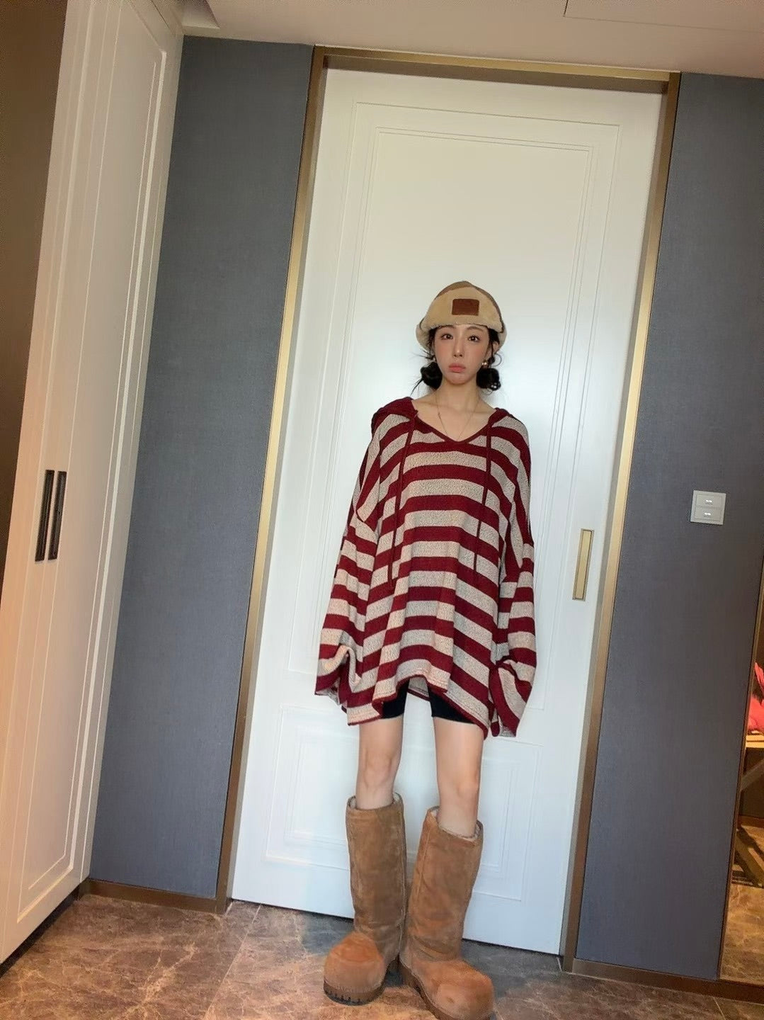 MS51132 Stripes mix knit hoodie