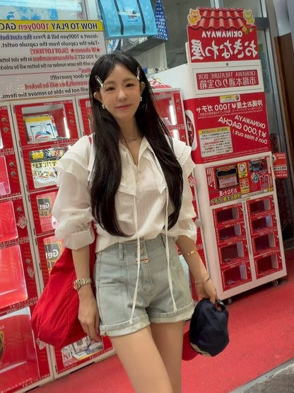 MS60356 Back ribbon denim shorts