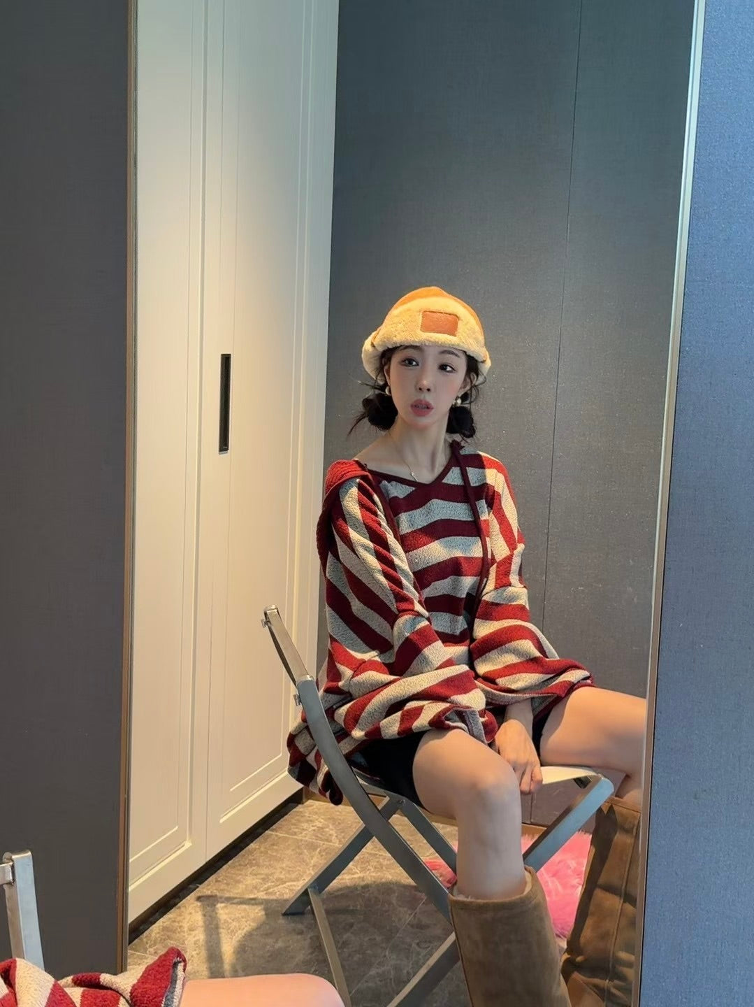 MS51132 Stripes mix knit hoodie