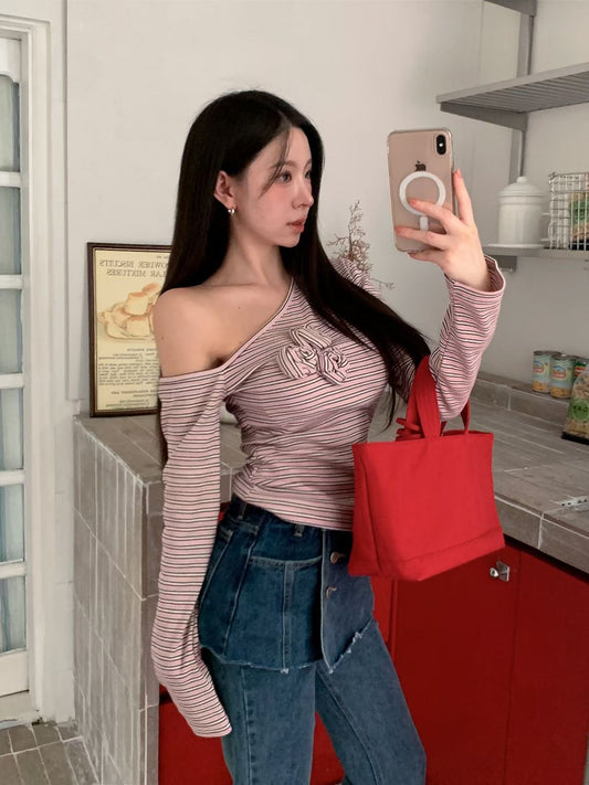 MS60814 Rosette stripe off shoulder top