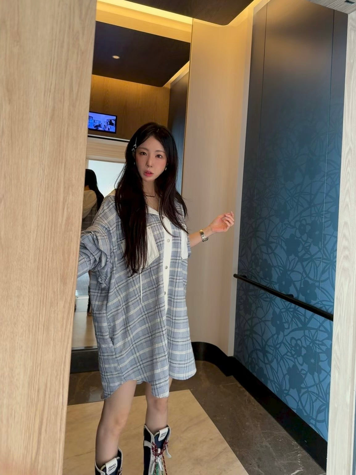 MS60351 Ivy checked hoodie blouse