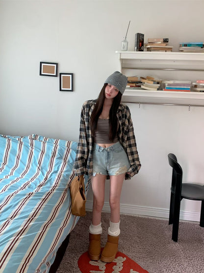 MS60812 Vintage frayed plaid shirt