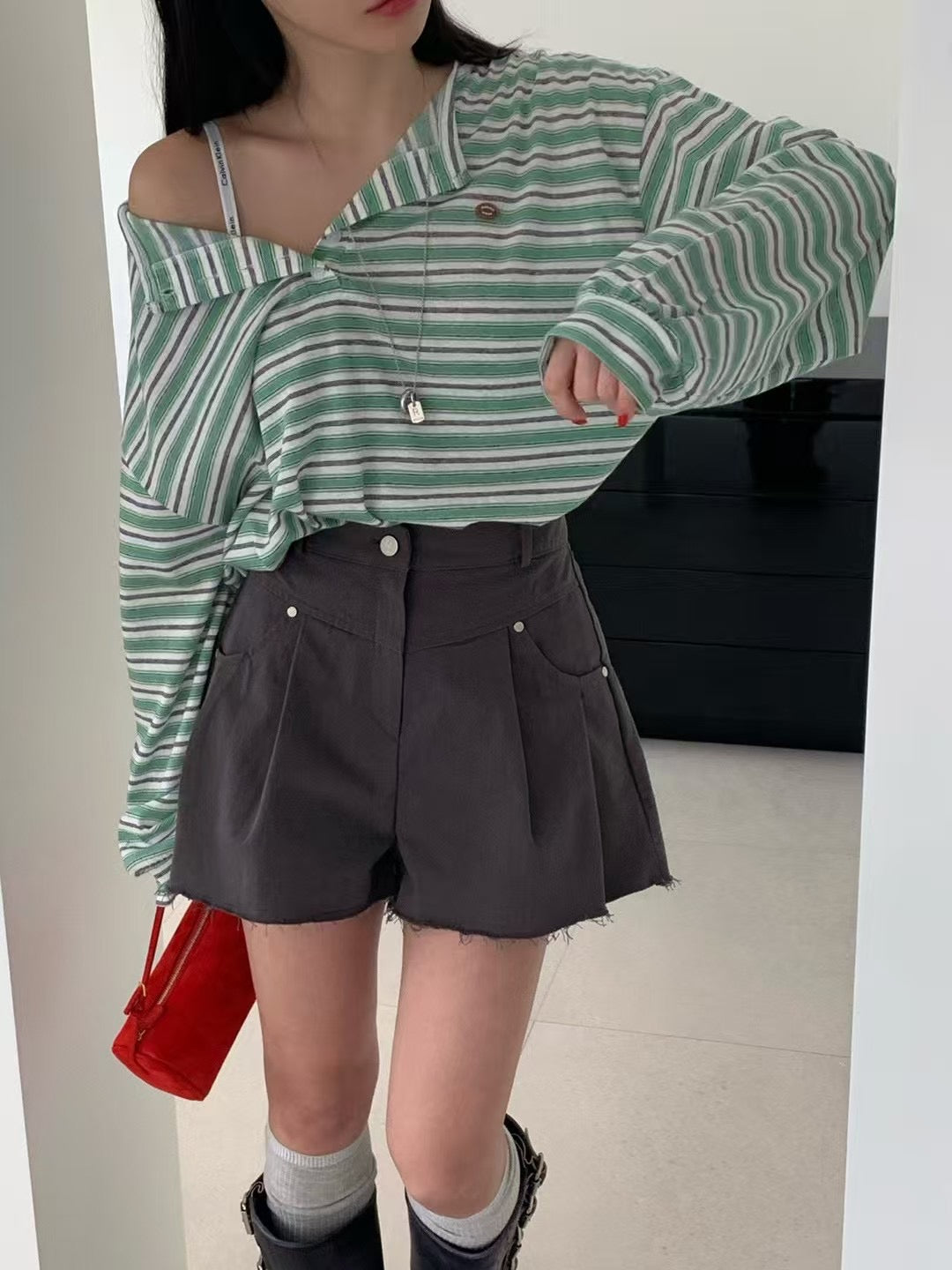 MS60316 Vintage stripe button tee