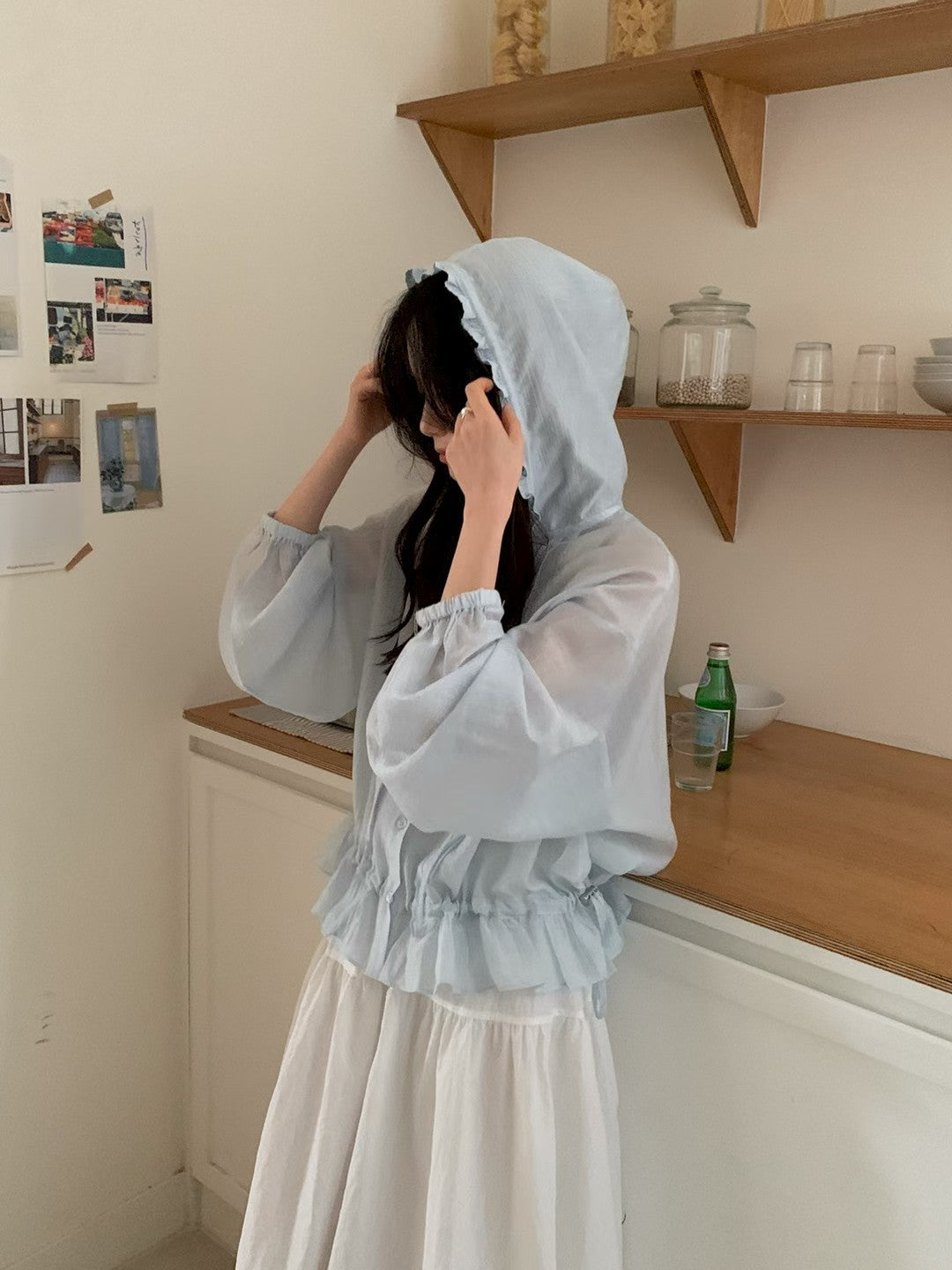 MS60330 Soft ruffle hooded blouse