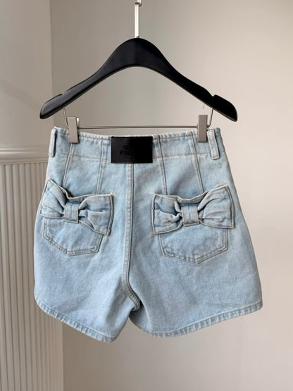 MS60356 Back ribbon denim shorts