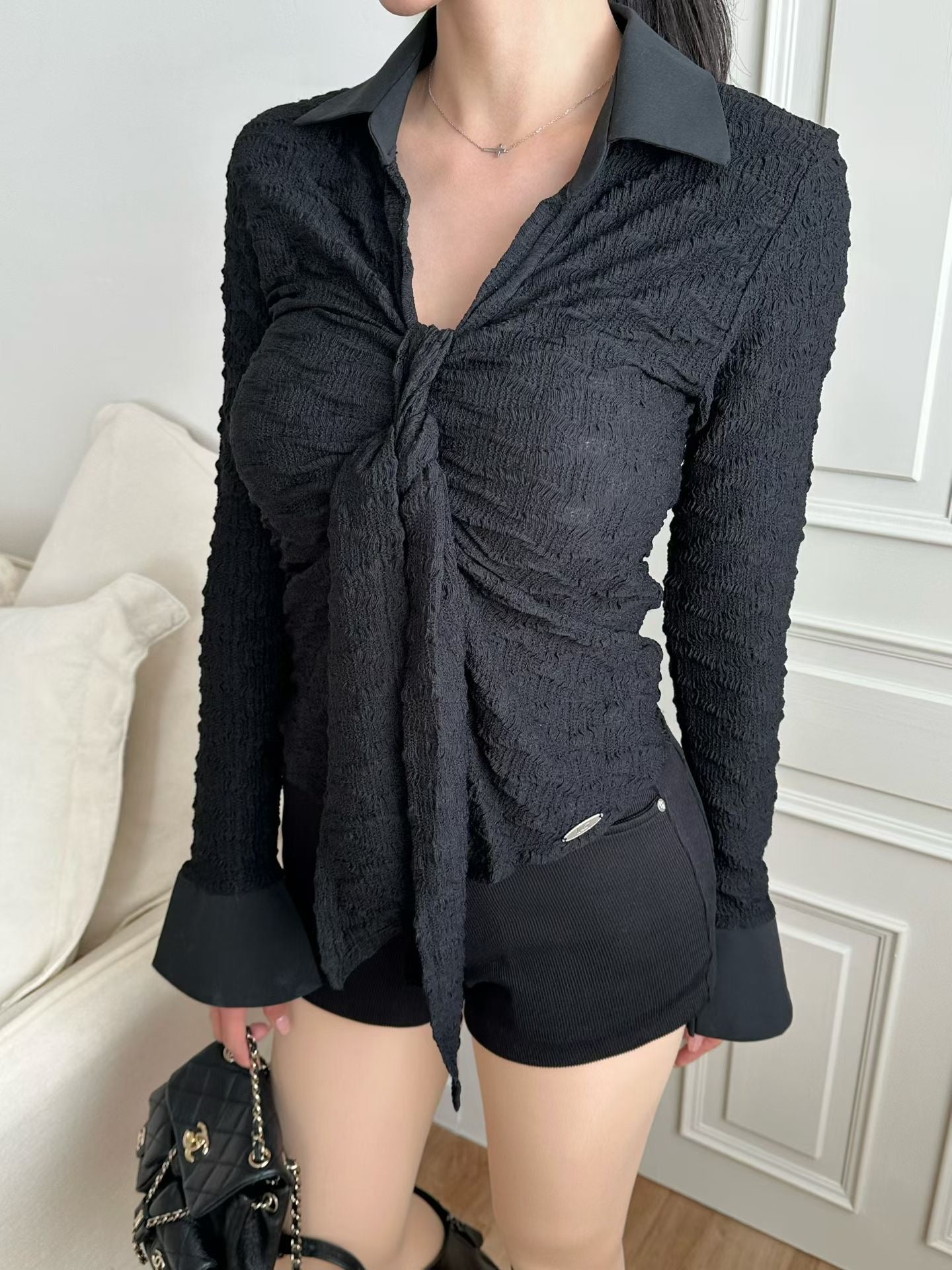 MS60210 Wrinkled polo ribbon top