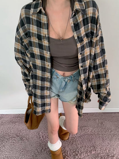 MS60812 Vintage frayed plaid shirt