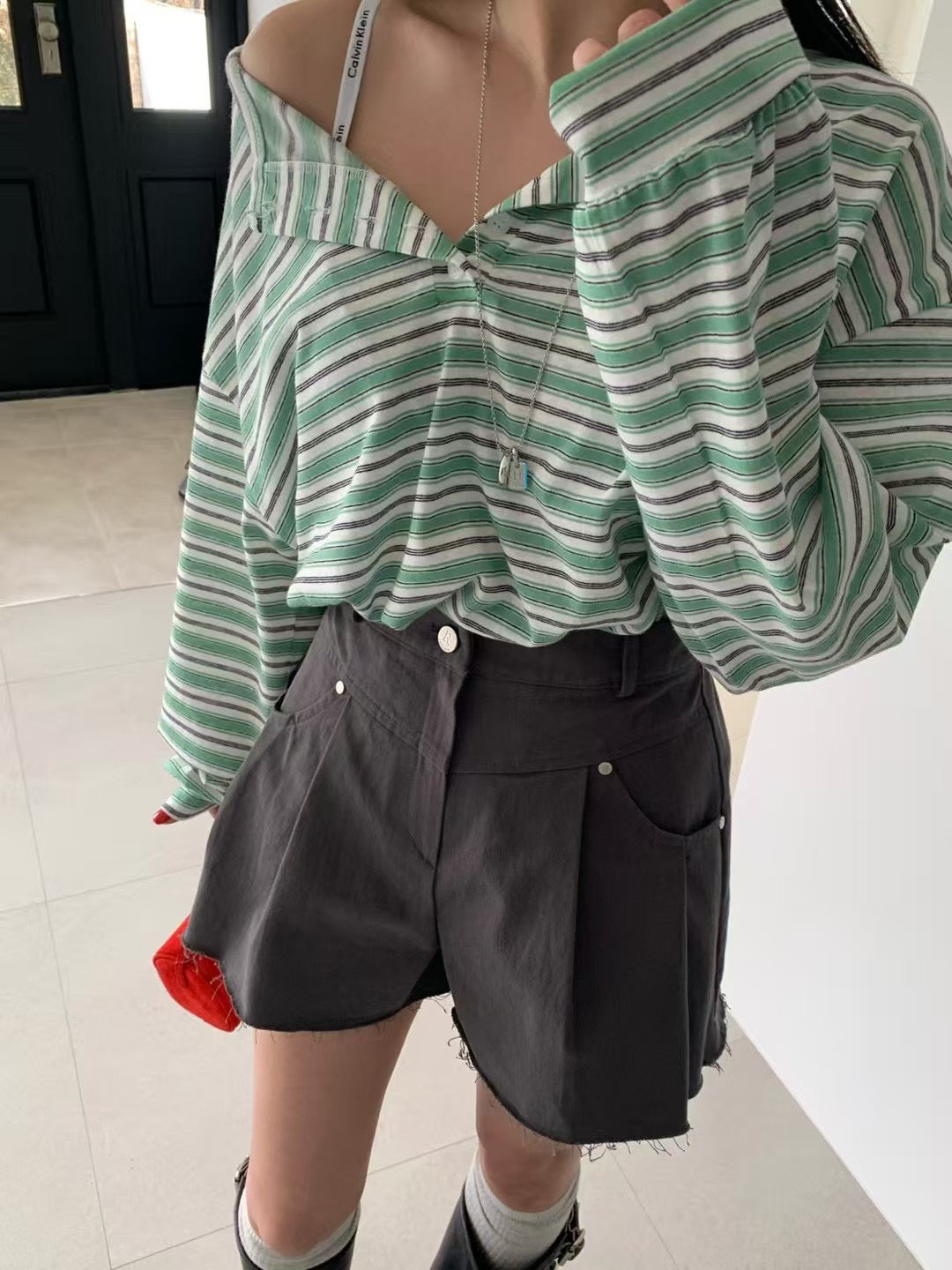 MS60316 Vintage stripe button tee