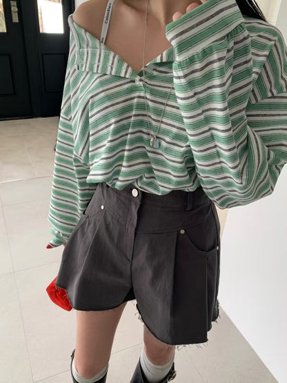 MS60316 Vintage stripe button tee