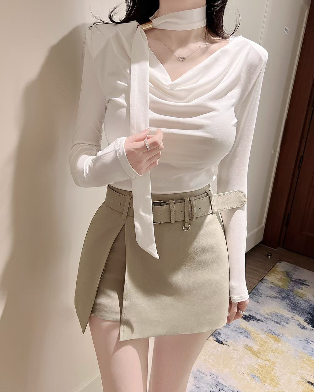 MS60308 Asymmetric drape knit top