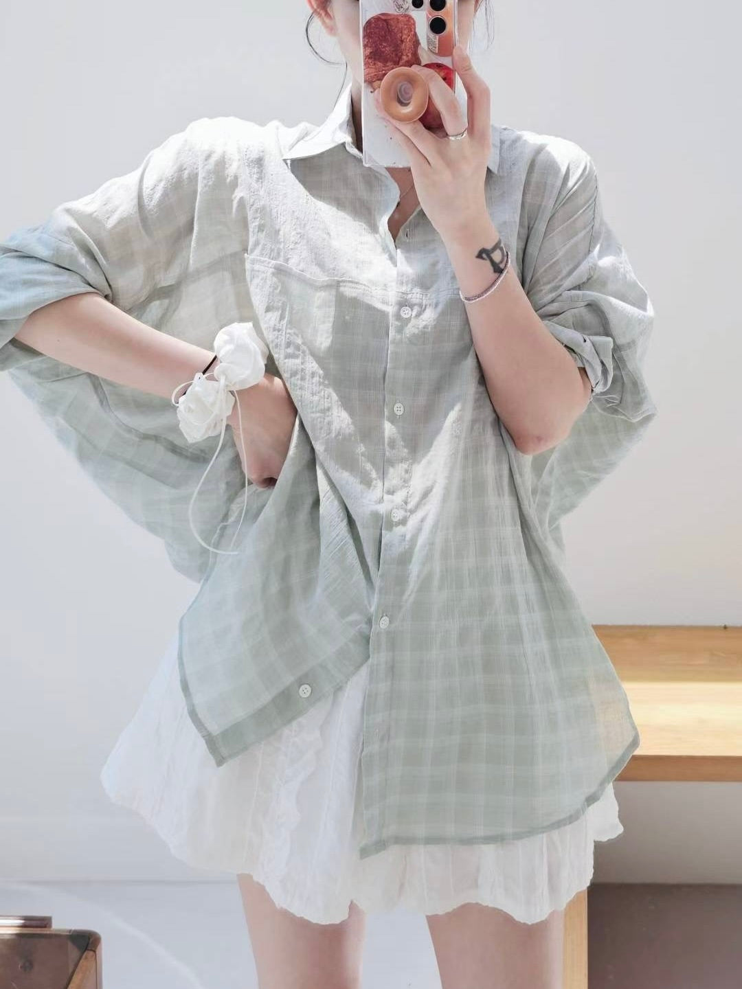 MS50834 Signature lattice wrinkled blouse