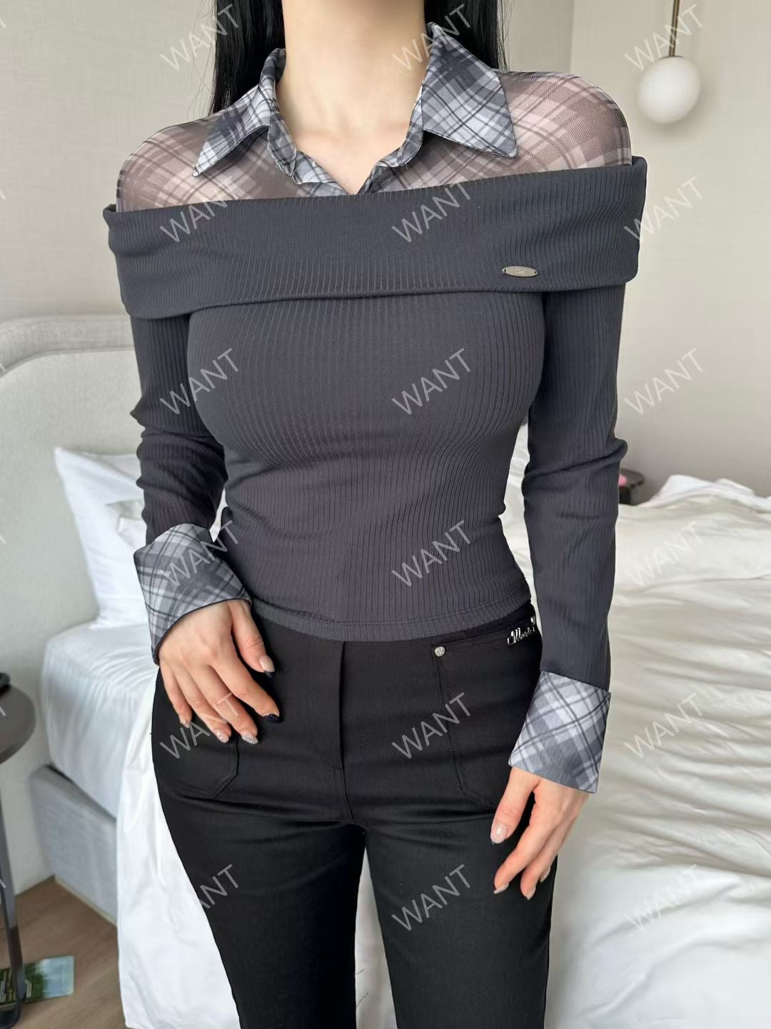 MS50844 Lattice collar mix knit top