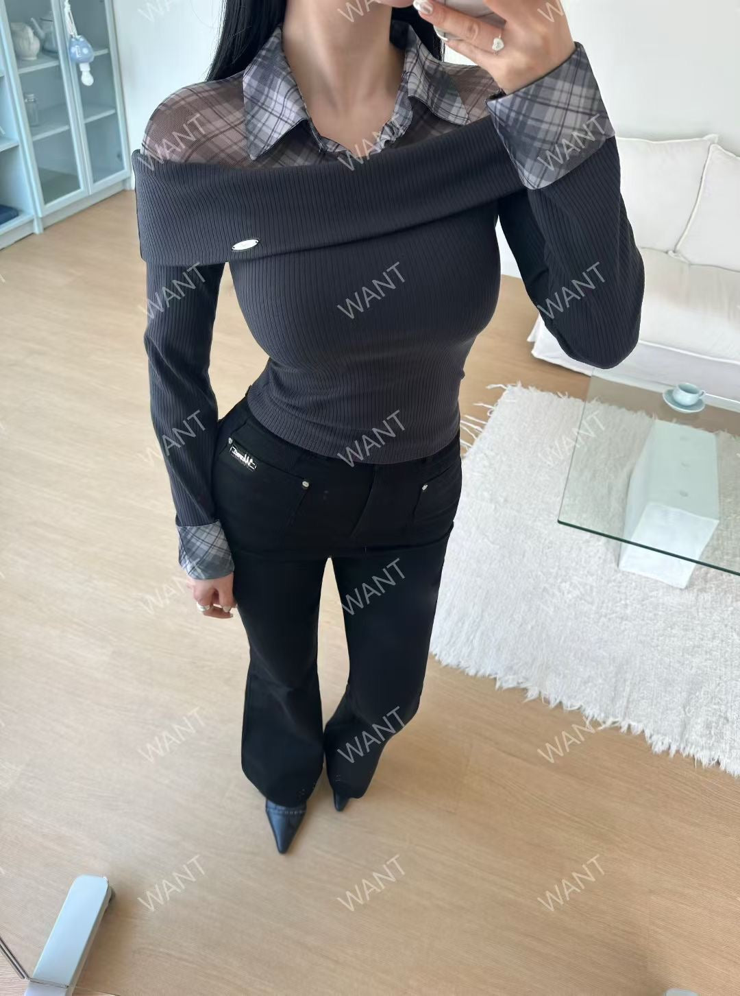 MS50844 Lattice collar mix knit top