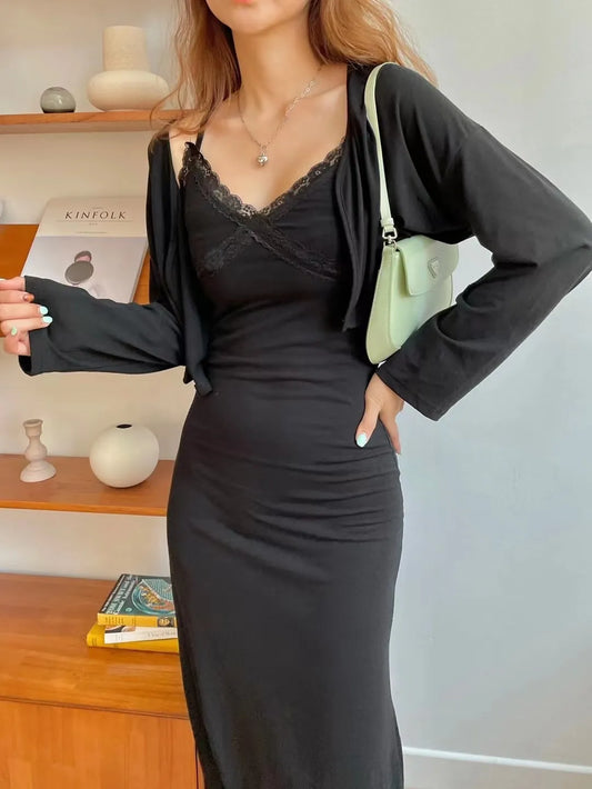 Lace trim dress with outer
