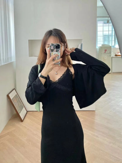 Lace trim dress with outer