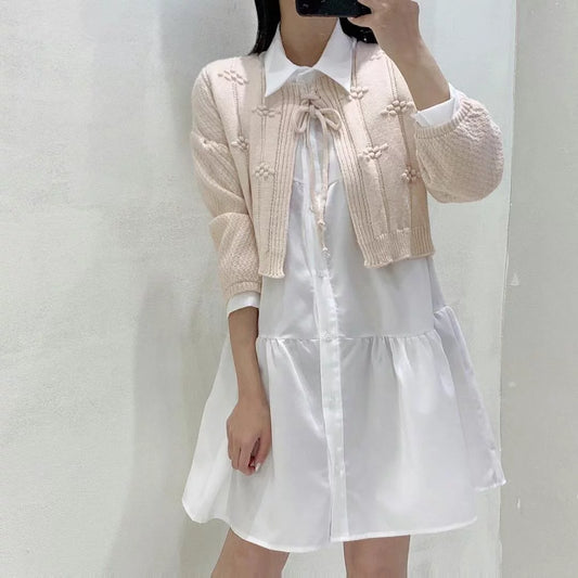 Pink cardigan mix ivory dress