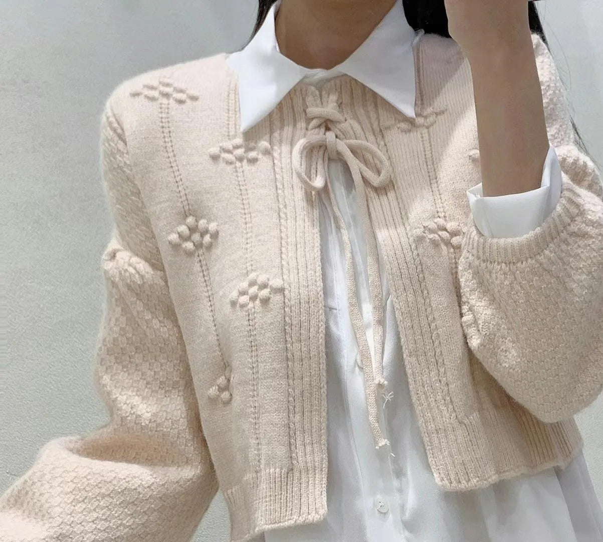 Pink cardigan mix ivory dress