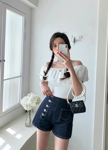 Button denim shorts