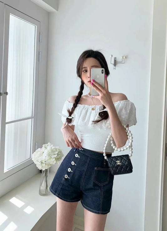 Button denim shorts