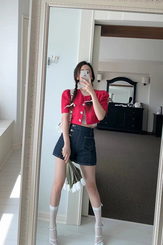 Button denim shorts