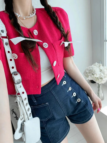 Button denim shorts