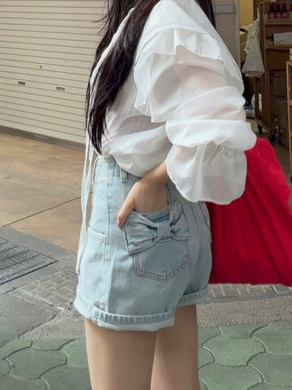 MS60356 Back ribbon denim shorts