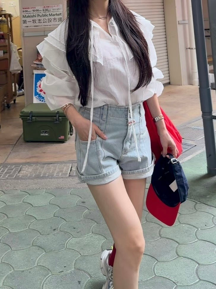 MS60356 Back ribbon denim shorts
