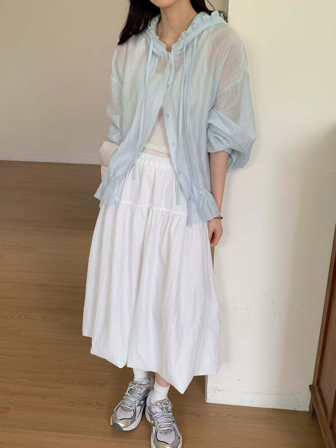 MS60330 Soft ruffle hooded blouse