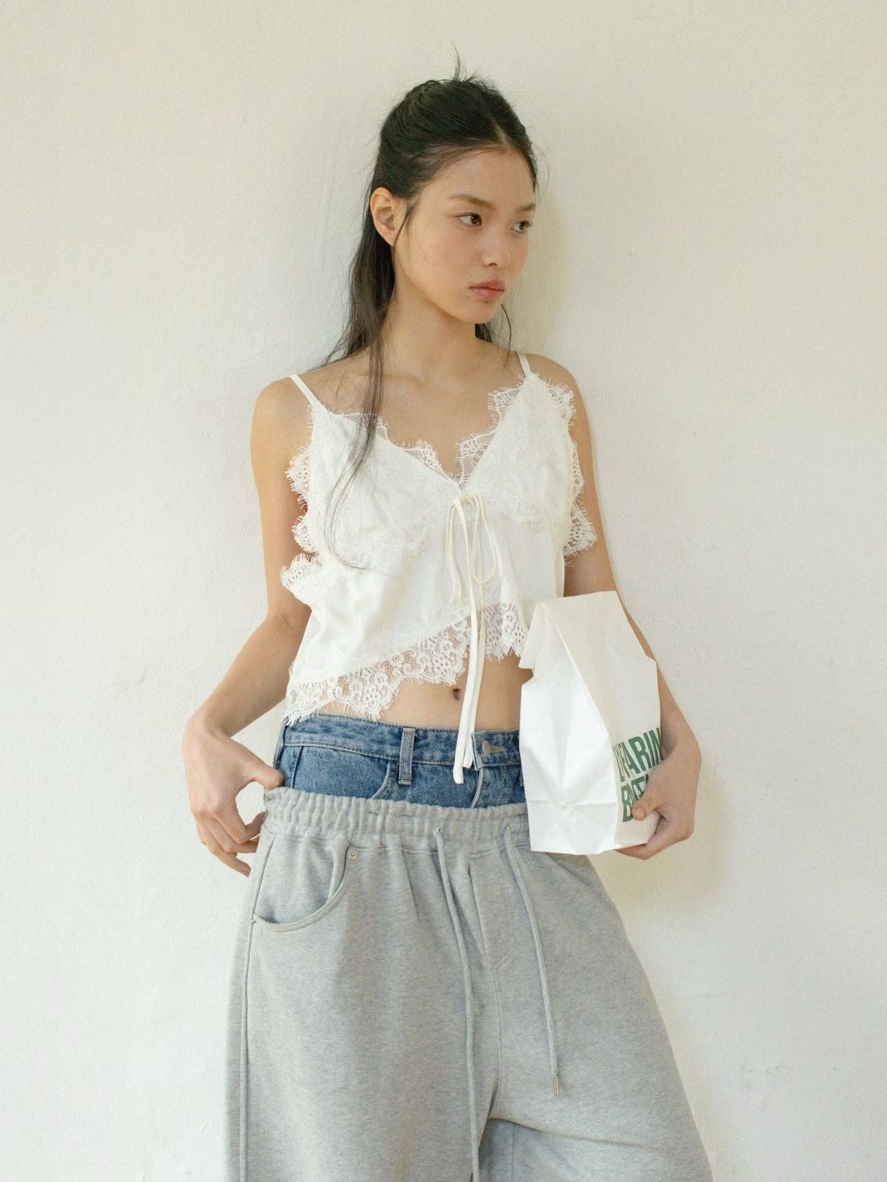 MS60328 Layered denim waist sweatpants