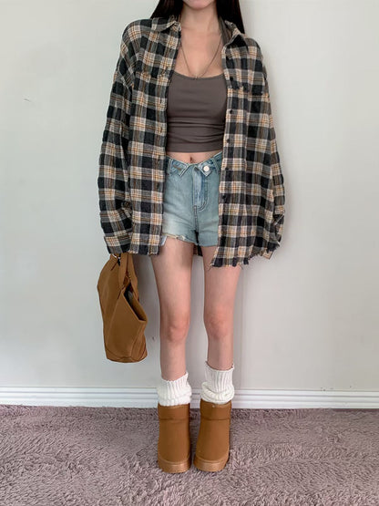 MS60812 Vintage frayed plaid shirt