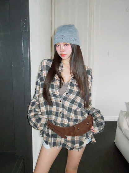 MS60812 Vintage frayed plaid shirt