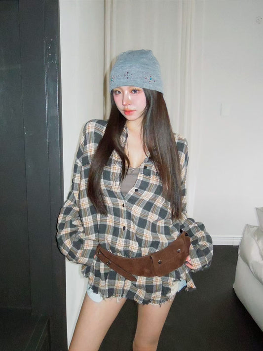 MS60812 Vintage frayed plaid shirt