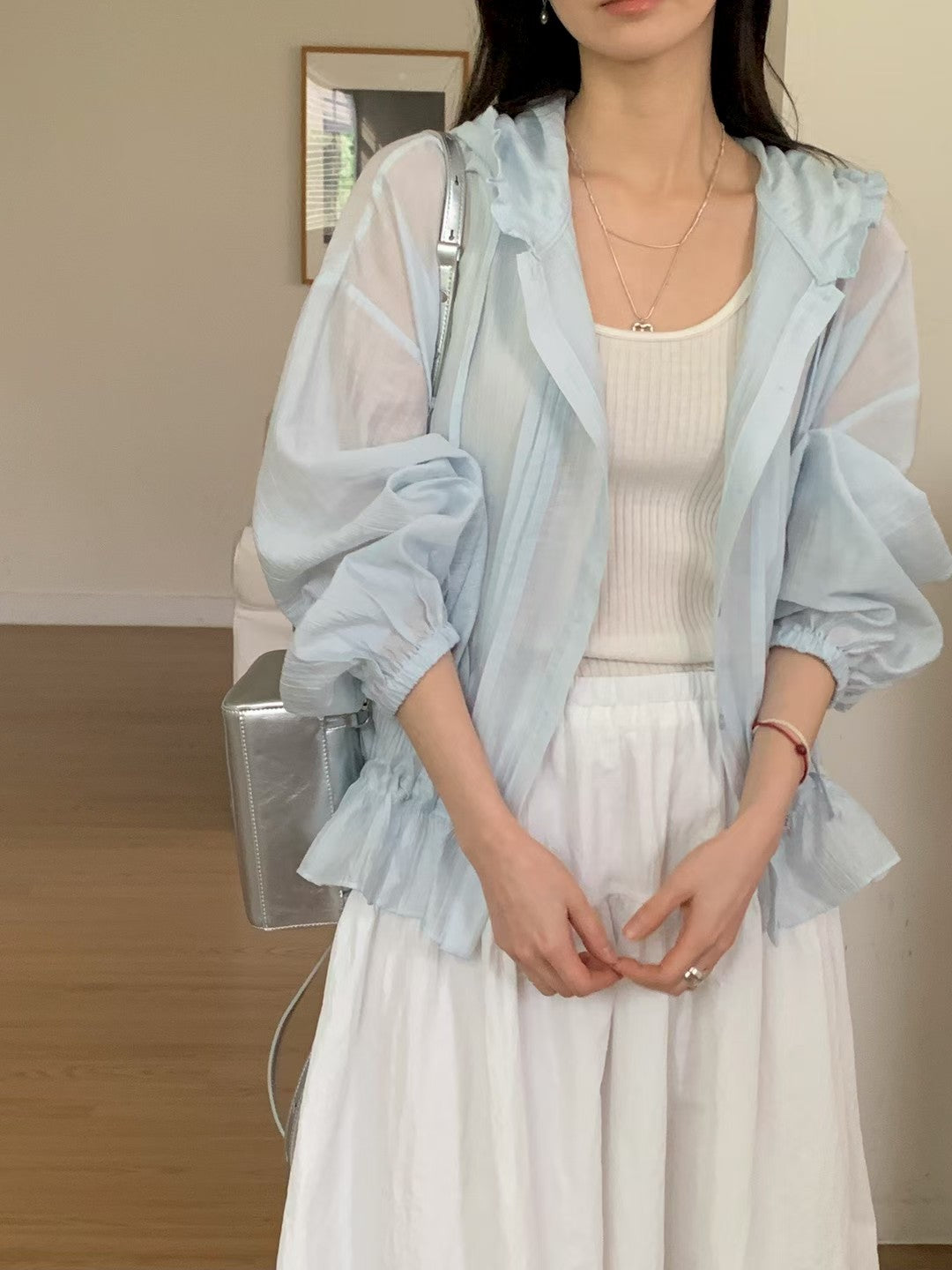 MS60330 Soft ruffle hooded blouse