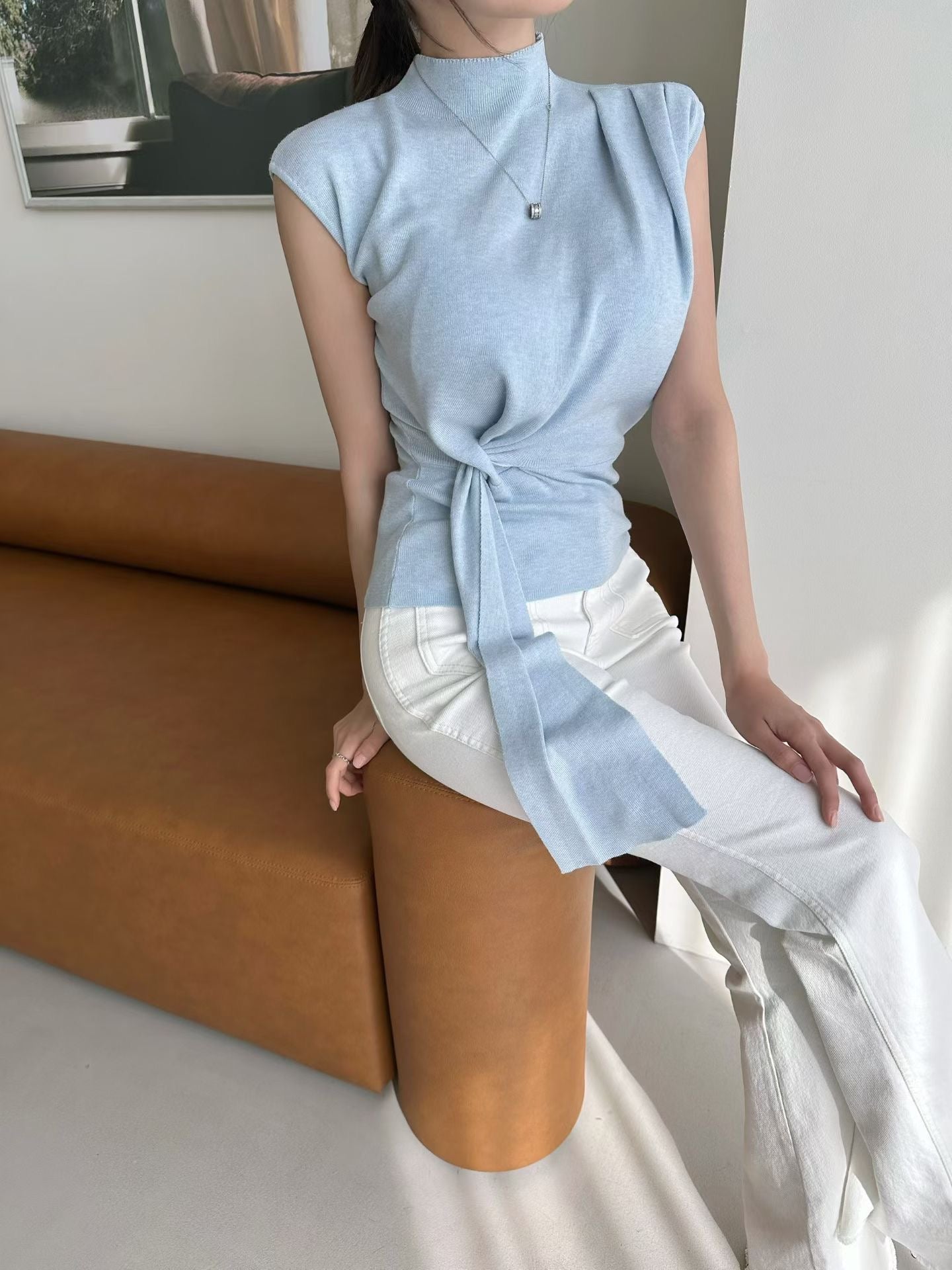 MS60335 Draped waist tie sleeveless top