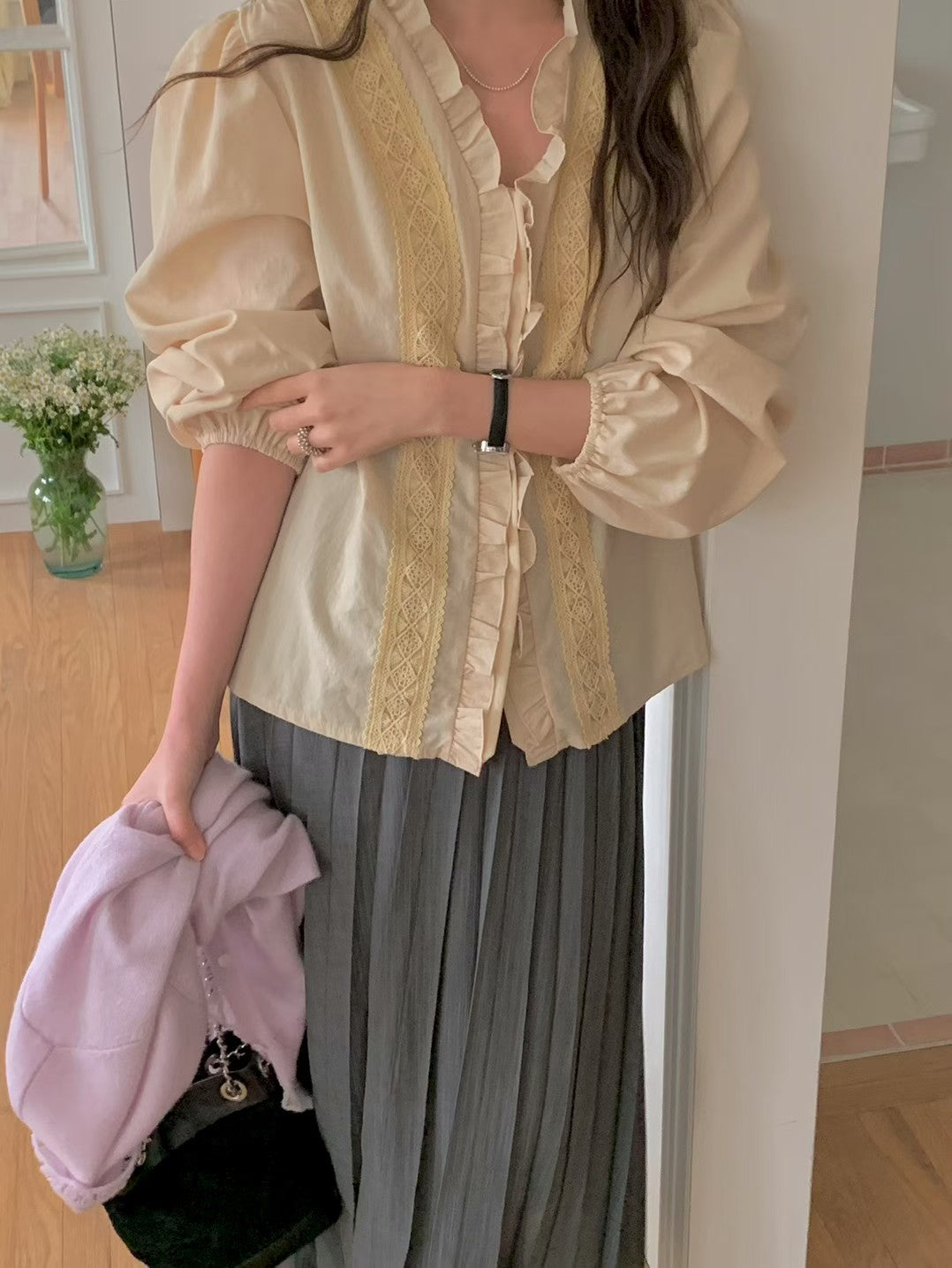 MS60315 Vintage lace ruffle blouse